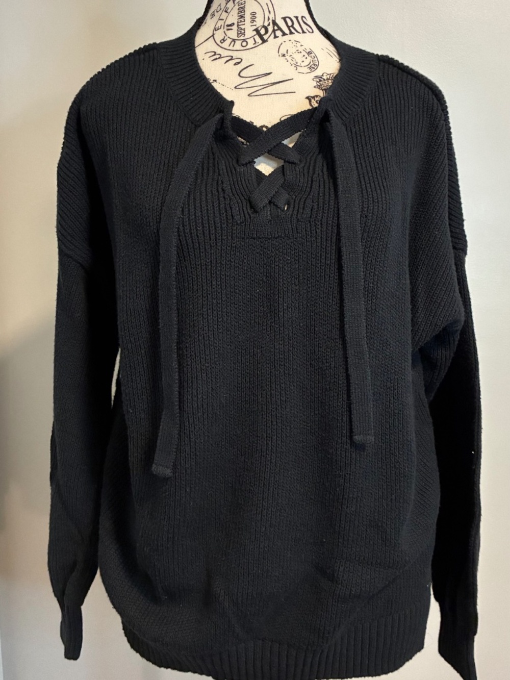 Hollister Black women's sweater a lace-up neck detail, relaxed fit. Size Medium.